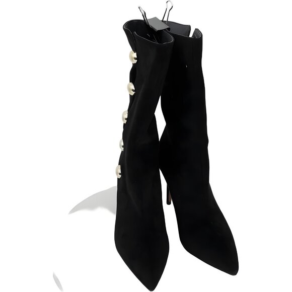 Katy Perry Ornament Pearl Button Stiletto Pointed Toe Boots Black 9M - Picture 1 of 6